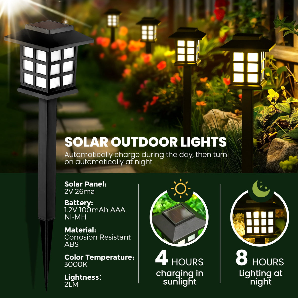 GIGALUMI Outdoor Solar Pathway Lights, 8 Pack, Automatic, LED, Weather Resistant