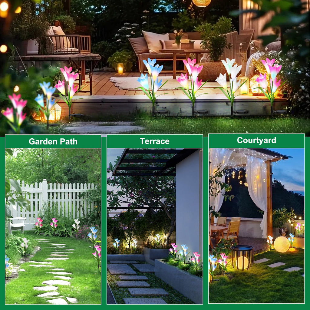 Solar Garden Lights Outdoor Decor, Lily Flower Garden Stake Lights Waterproof, 4 PCS LED Solar Lights Solar Powered for Outside Patio Garden Pathway Yard Decoration, Color Changing