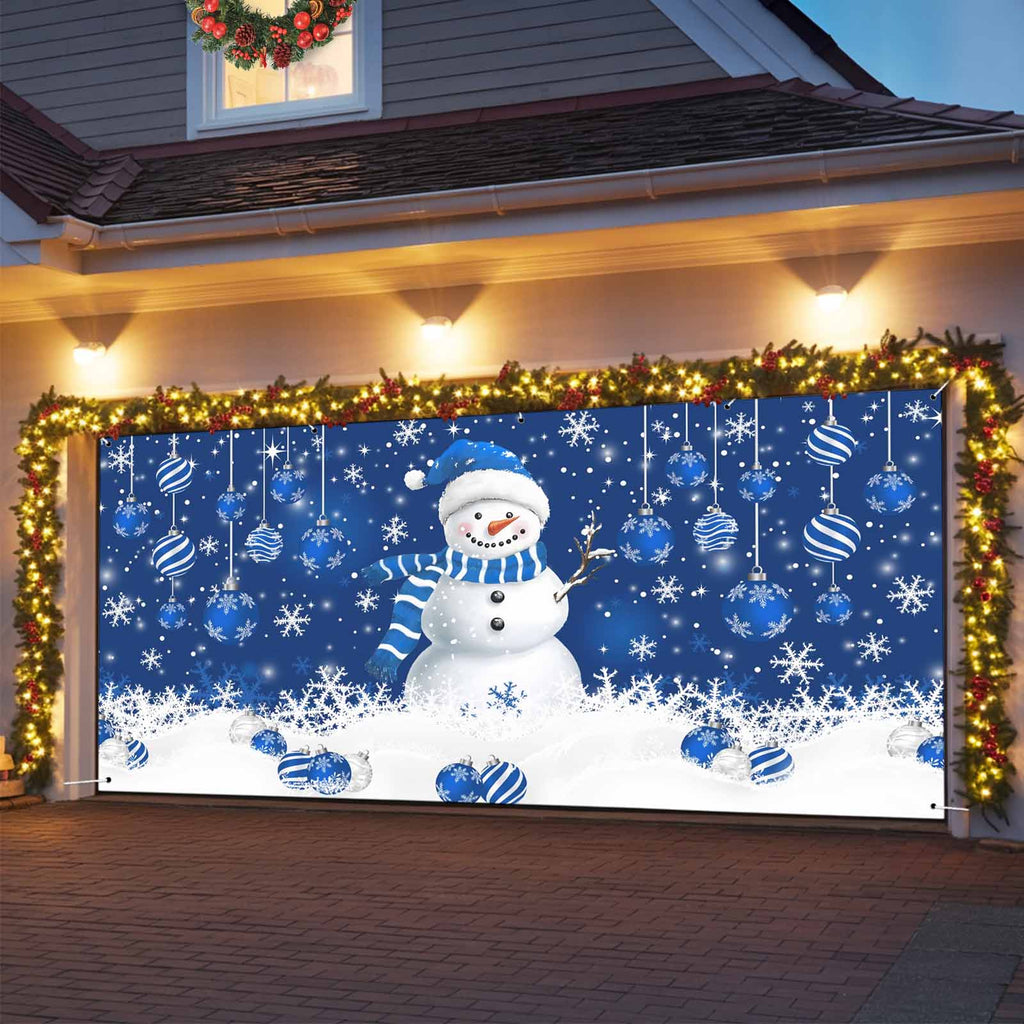 Fsddascl 7 x 16 Ft Christmas Garage Door Cover, Black Christmas Tree Large Garage Door Banner, Xmas Snowflake Green Golden Hanging Garage Mural Background for Indoor Outdoor Xmas Party Supplies