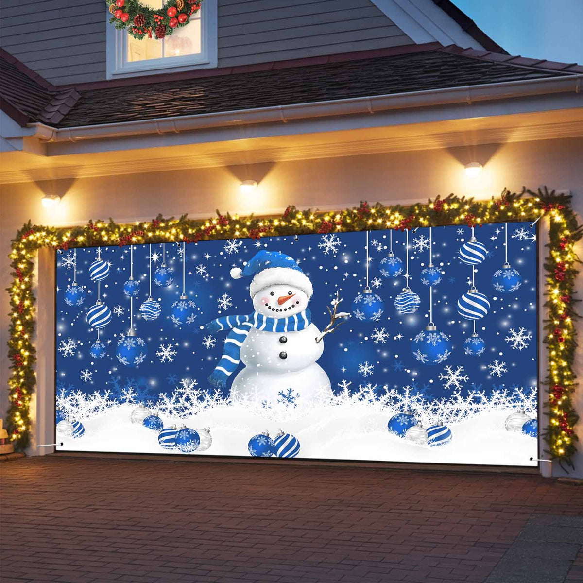 Fsddascl 7 x 16 Ft Christmas Garage Door Cover, Black Christmas Tree Large Garage Door Banner, Xmas Snowflake Green Golden Hanging Garage Mural Background for Indoor Outdoor Xmas Party Supplies
