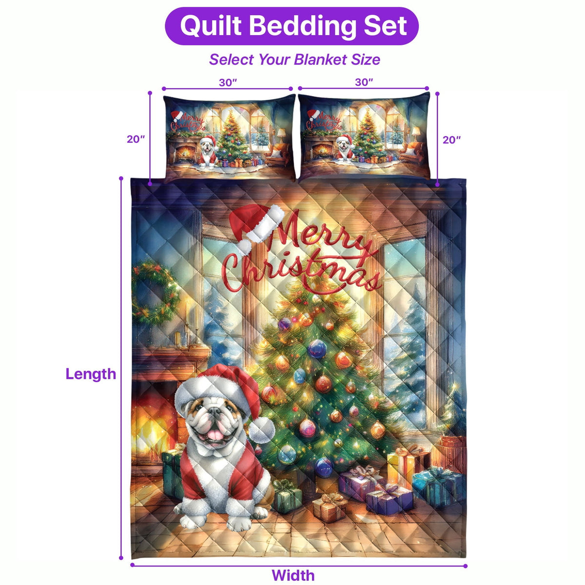 Merry Christmas French Bulldog Santa Hat Xmas Tree Winter Holiday Quilt Bedding Set Dog Lover Gifts 1 Blanket Bed Cover 2 Pillowcases - 01013