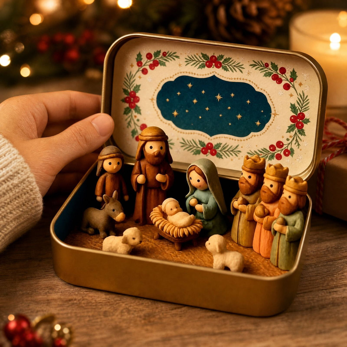 Mini Nativity in a Tin Box - 4.53" Nativity Scene Set with Holy Family Figurines, Portable Pocket Size Religious Christmas Decor Gift for Family, Gift Ideas