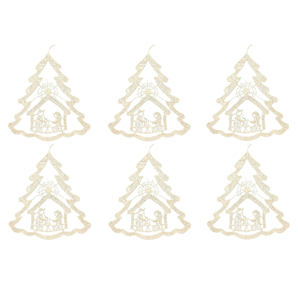 Pinnacle Peak Trading Nativity Scene Inside Christmas Tree White Lace Hanging Ornament Set of 6