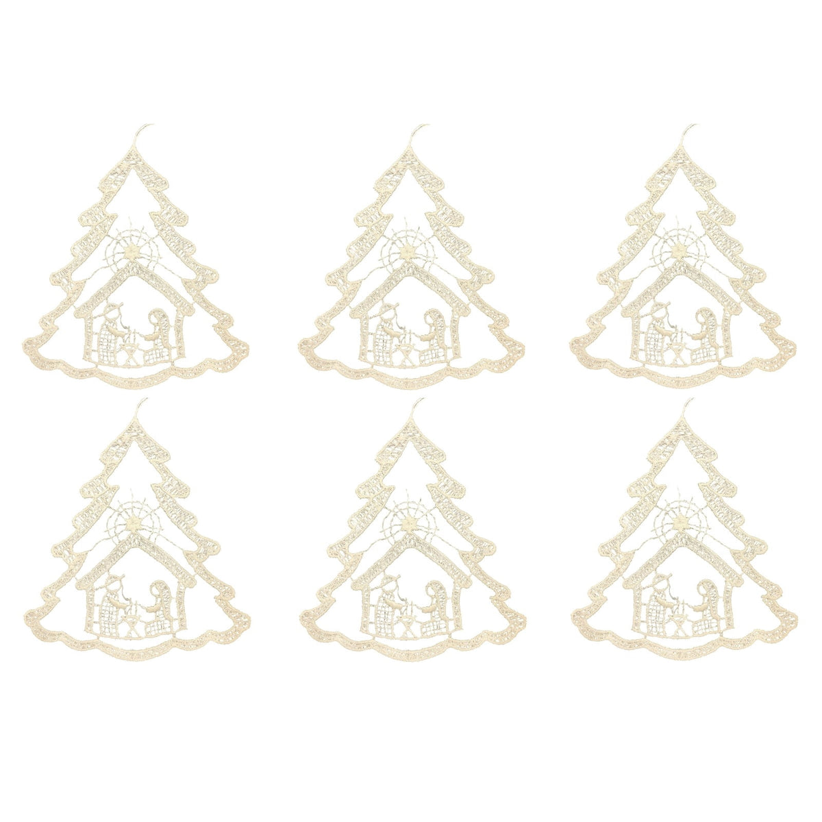 Pinnacle Peak Trading Nativity Scene Inside Christmas Tree White Lace Hanging Ornament Set of 6