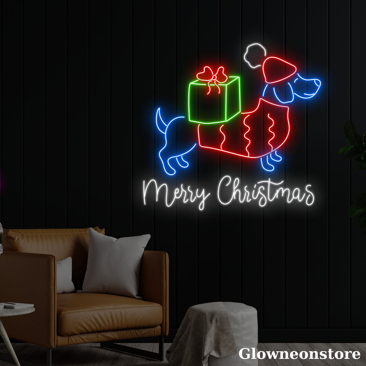 Glowneon Dachshund Christmas Neon Sign, Dachshund LED Sign, Merry Christmas Sign, Christmas Décor
