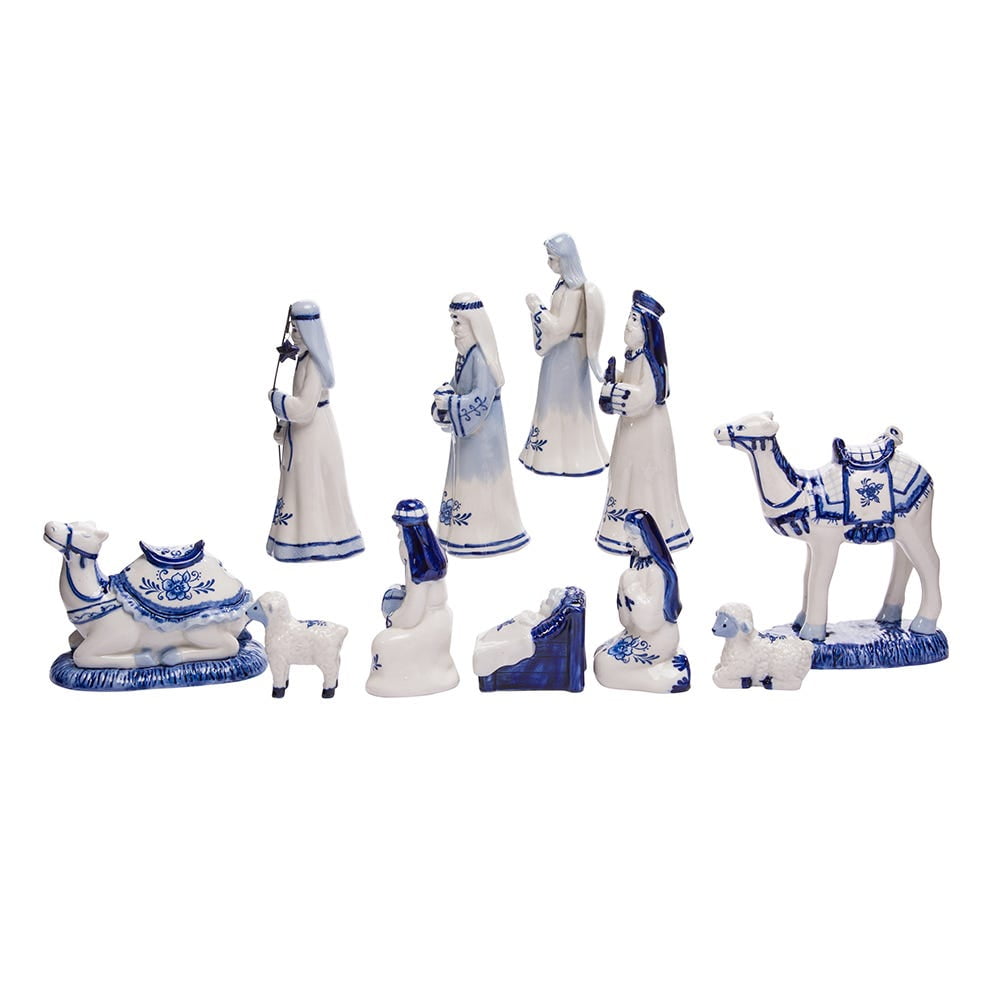 Kurt Adler 11-Piece Porcelain Delft Blue Nativity Set, 1.97"–6.7" – Holiday Christmas Figurines