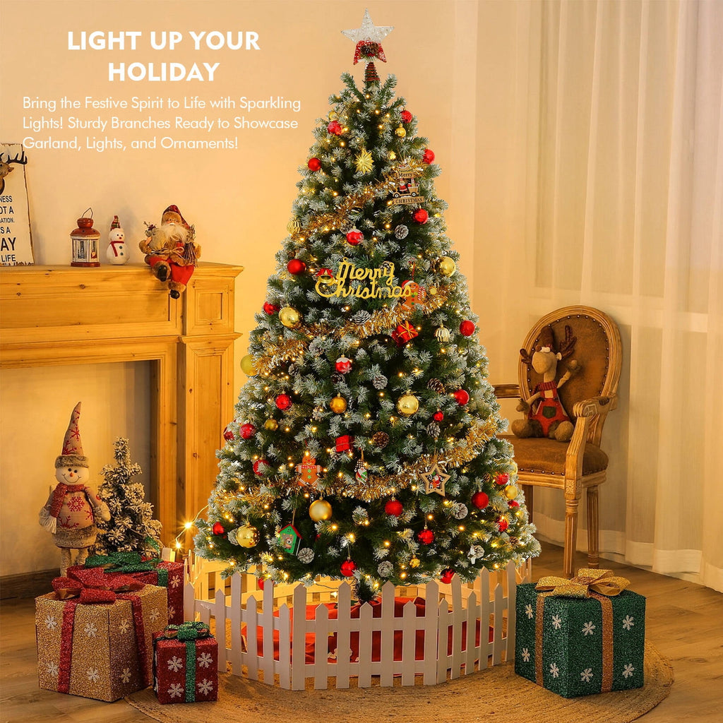 Funcid 6ft Artificial Christmas Tree with 8 Adjustable Light Flash Rate Modes, Decorated Xmas Tree with Pine Cones, Hinged Partially Flocked Christmas Tree with Foldable Metal Base