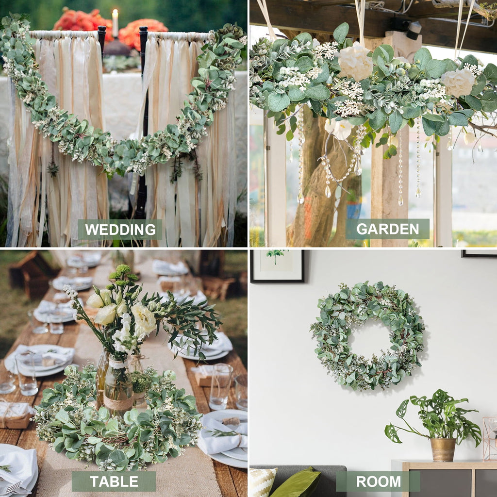 Scidweet Christmas Eucalyptus Garland, 2 Pcs 6.56 FT Artificial Greenery Garland Silver Dollar Leaves Boxwood Vines with White Buds for Home Wedding Party Table Mantle Xmas Decor