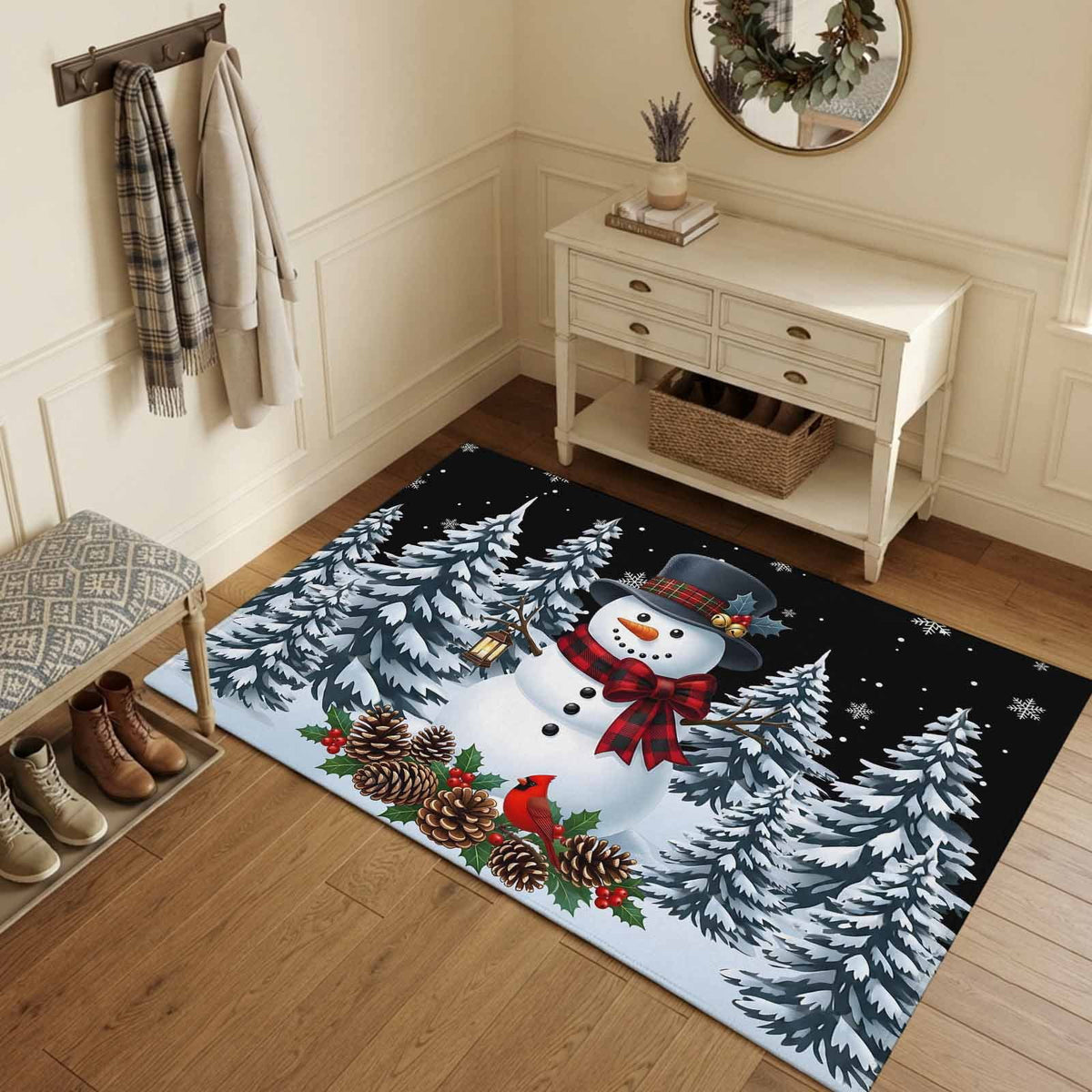5x7 Area Rugs, Light Blue Snowman Christmas Non-Skid Rubber Backing Large Rectangle Rugs - Living Room Bedroom Home Office, Xmas Pinecone Tree Snowflake Indoor Floor Mat Carpets Washable Rug