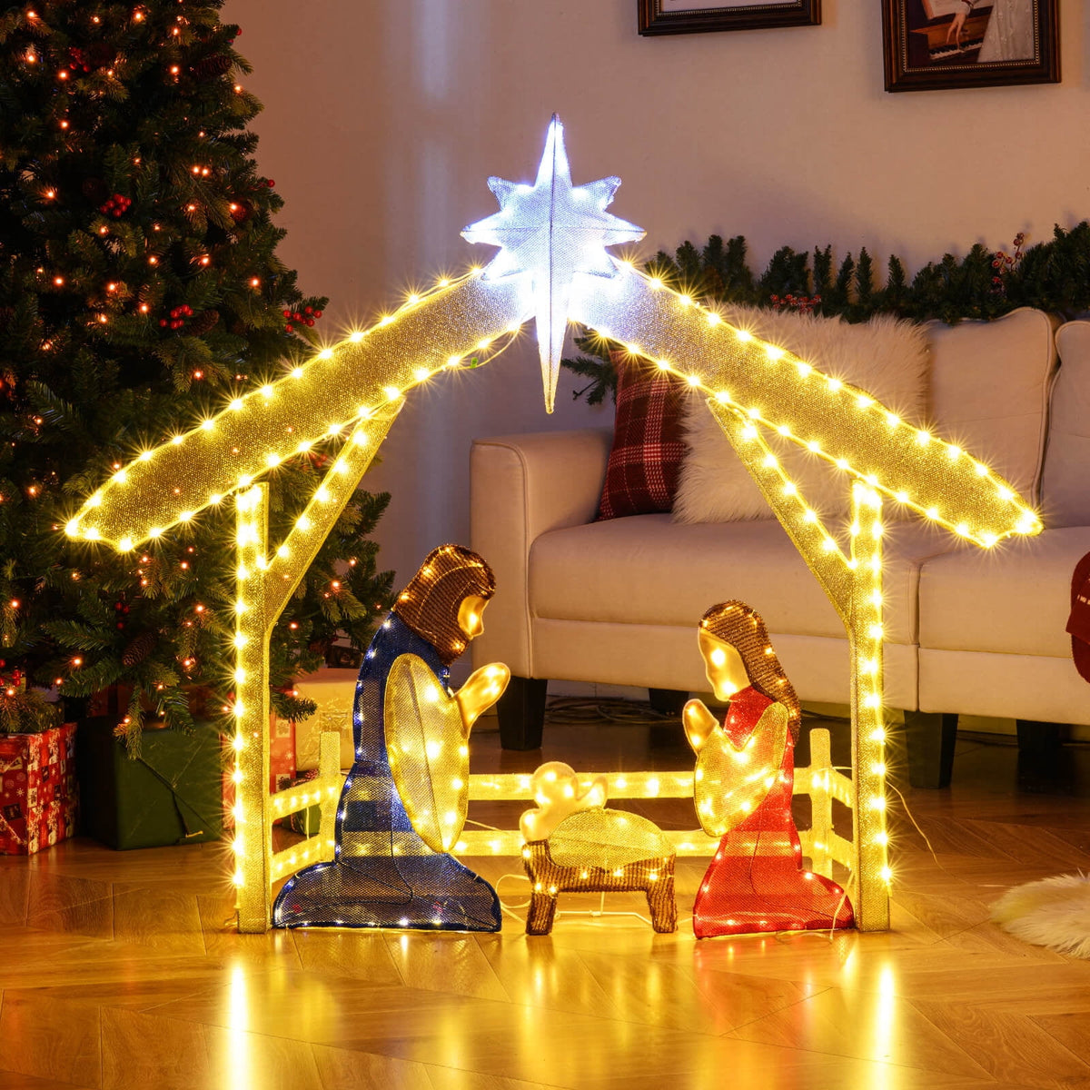 Costway 4 Ft Lighted Nativity Scene with 272 Warm & Cold White LED Lights, Ground Stakes