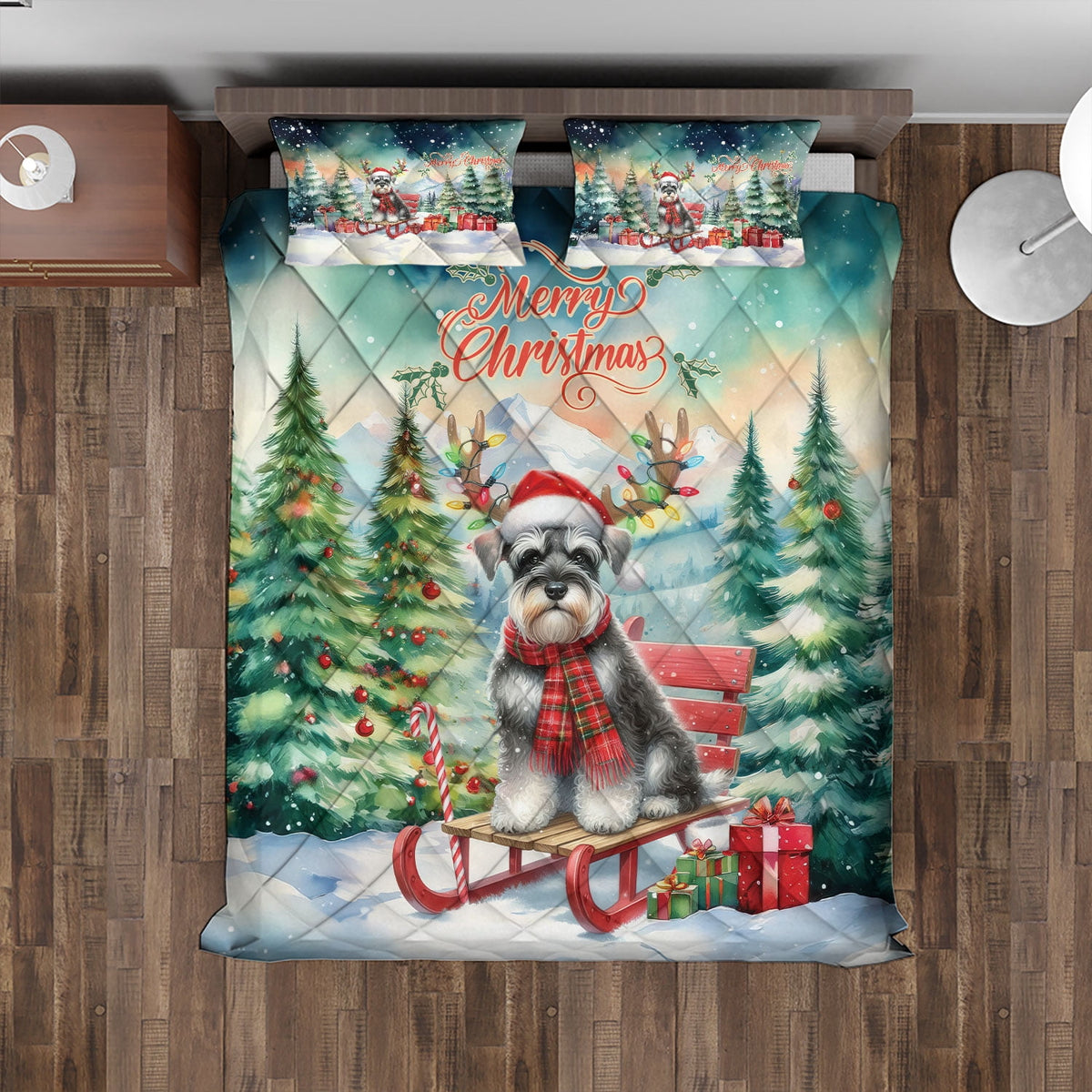 Merry Christmas Santa Reindeer Antlers French Bulldog Sleigh Xmas Winter Holiday Quilt Bedding Set Dog Lover Gifts 1 Blanket Bed Cover 2 Pillowcases - 00023