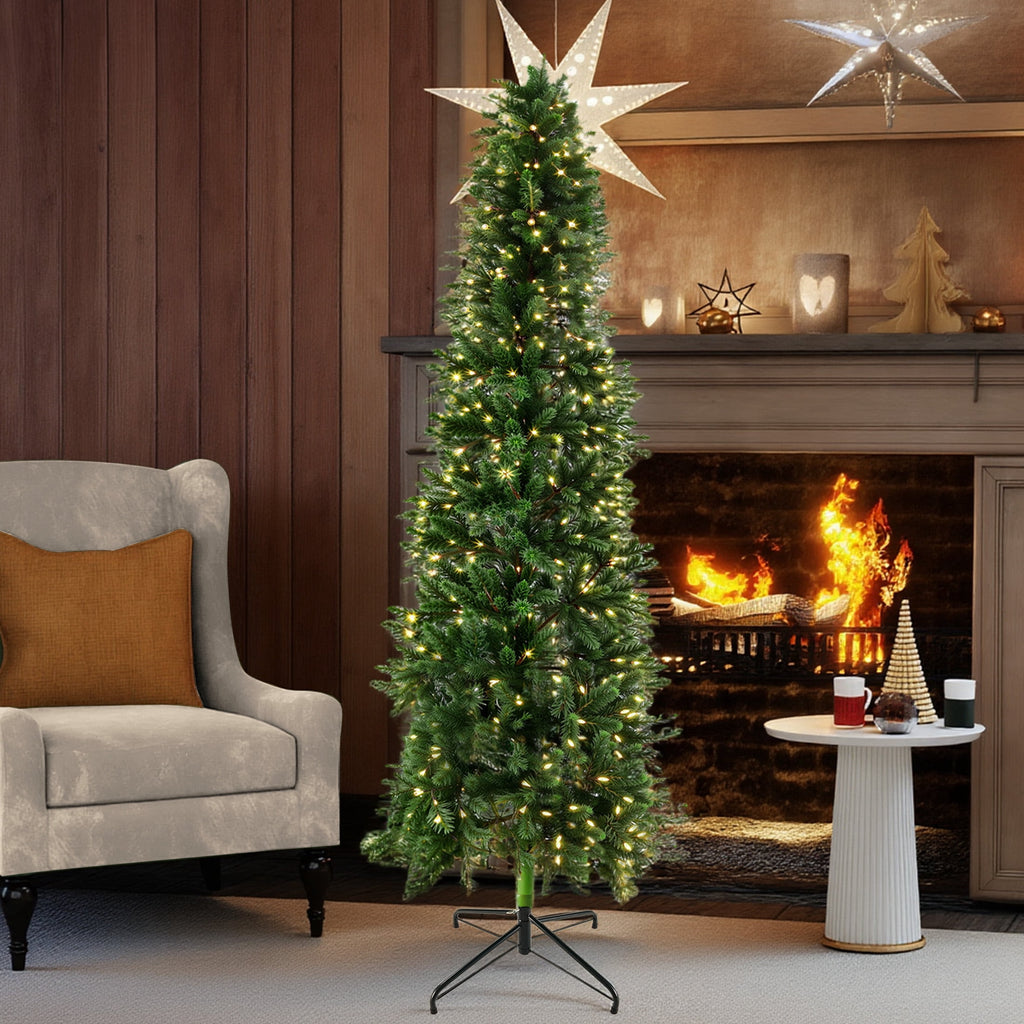 edx 6ft Pre-lit Pencil Christmas Tree, Green Artificial Spruce Slim Christmas Trees, With 250 LED Lights, 571 Branch Tips & Foldable Base, For Home, Office, Party Decoration