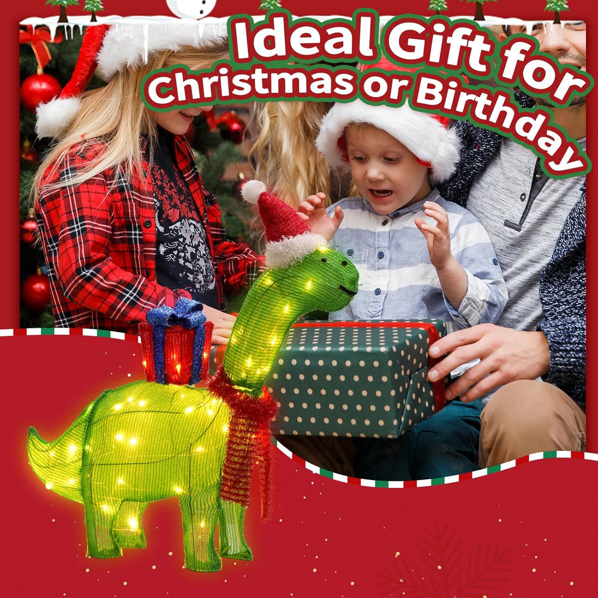Lighted Christmas Decorations Outdoor/Indoor, 3D Christmas Dinosaur with Christmas Hat and Scarf, Christmas Decor for Home Yard Garden Holiday Party