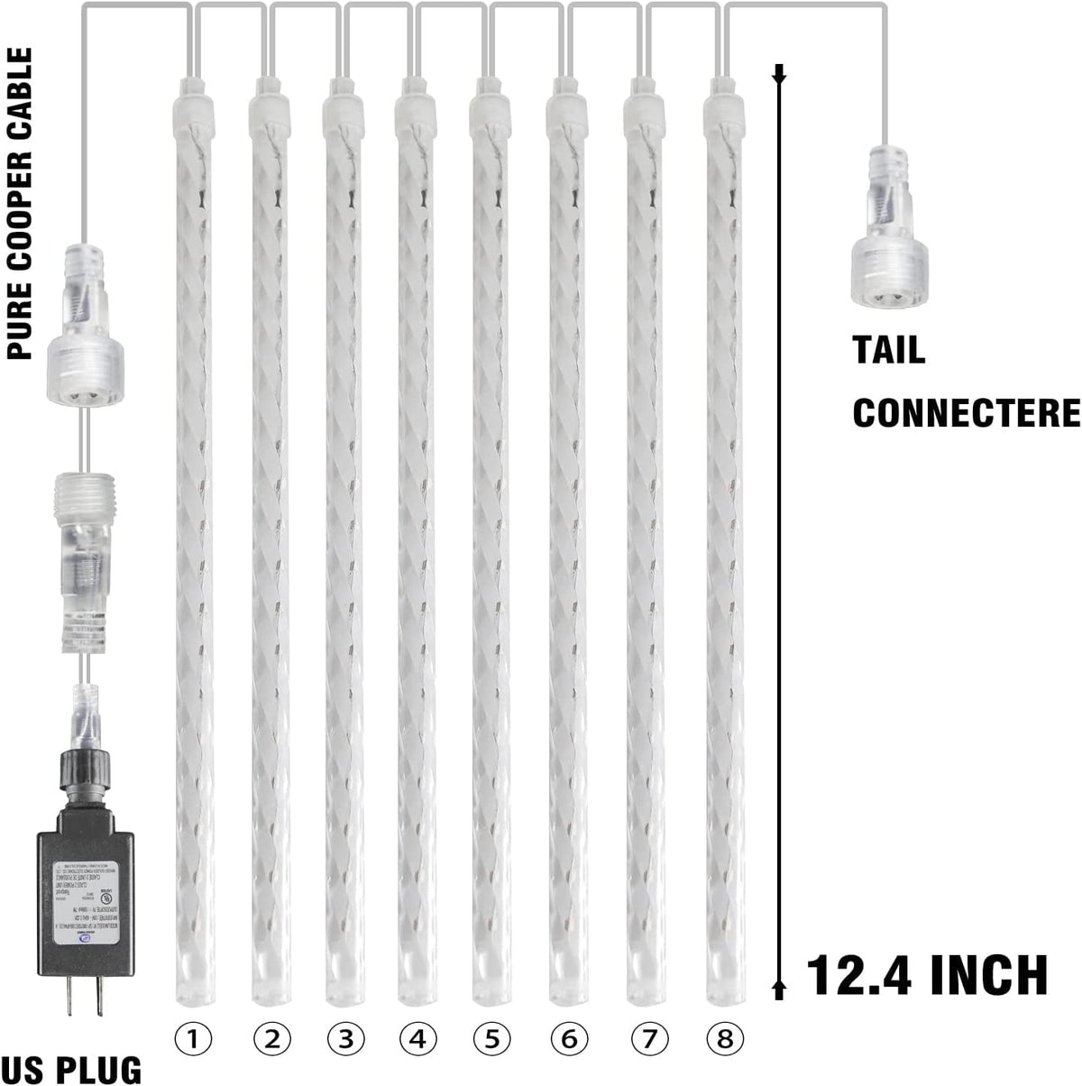 Morttic Christmas Light, Meteor Shower Rain Lights 12 Inch 8 Tubes, Waterproof Plug in Falling Rain Lights Christmas Decorations for Xmas Bushes Tree Yard Party Outdoor Decor (Cool White)