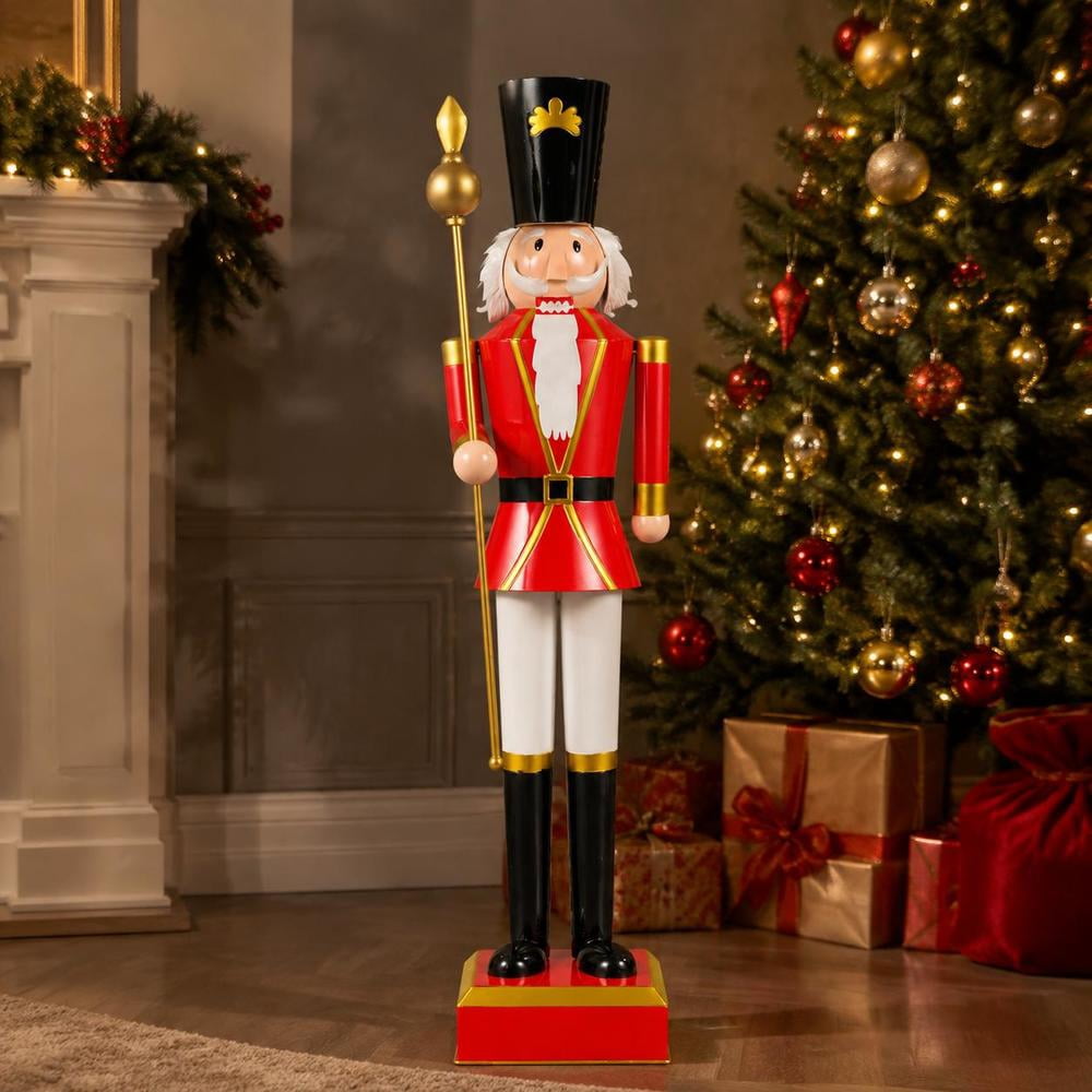 4 Ft Christmas Nutcracker with High Hat, Scepter, Metal Frame, Sturdy Base, and Hidden Storage - Black and Red