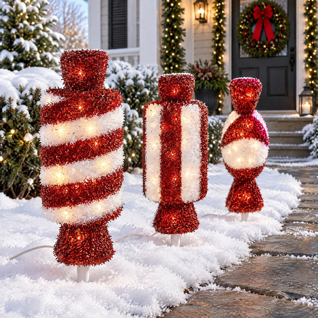 Outdoor LED Tinsel Candy Christmas Pathway Lights, Red and White, Set of 3, by Holiday Time