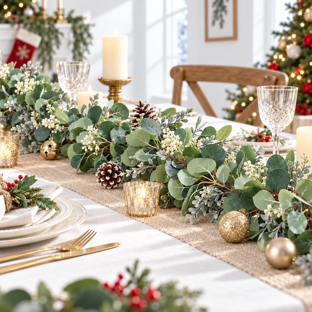 Scidweet Christmas Eucalyptus Garland, 2 Pcs 6.56 FT Artificial Greenery Garland Silver Dollar Leaves Boxwood Vines with White Buds for Home Wedding Party Table Mantle Xmas Decor