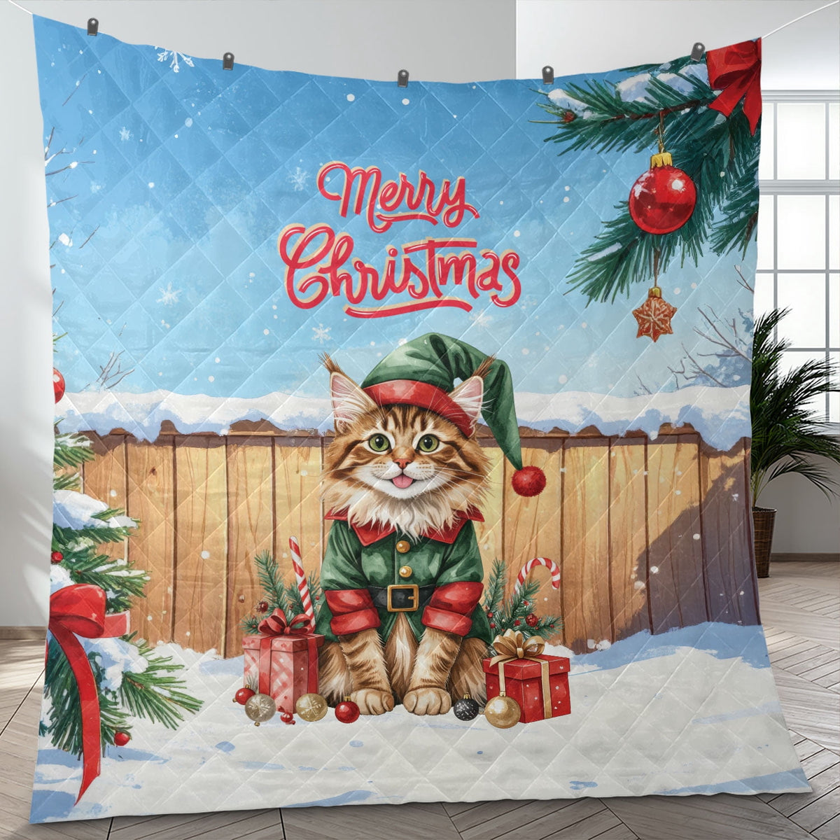 Merry Christmas Meowy Catmas Xmas Noel Maine Coon Elf Candy Cane Snow Quilt Blanket Cat Lover Kitten Owner Gifts Cozy Comforter Throw Blanket - 13017