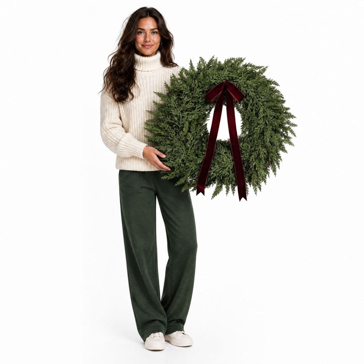 QualiVow Artificial Christmas Wreath with Burgundy Bow, 11.81in Faux Cedar Front Door Decor