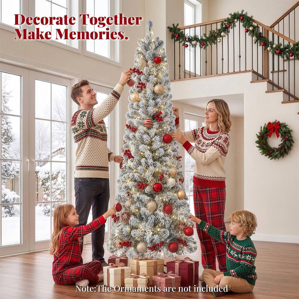 Goosiay 6ft Snow Flocked Pencil Christmas Tree, Pre-Lit Artificial Christmas Tree with 500 Tips, 250 Warm White & Multicolor Lights, 10 Modes, Slim Xmas Tree with Stand