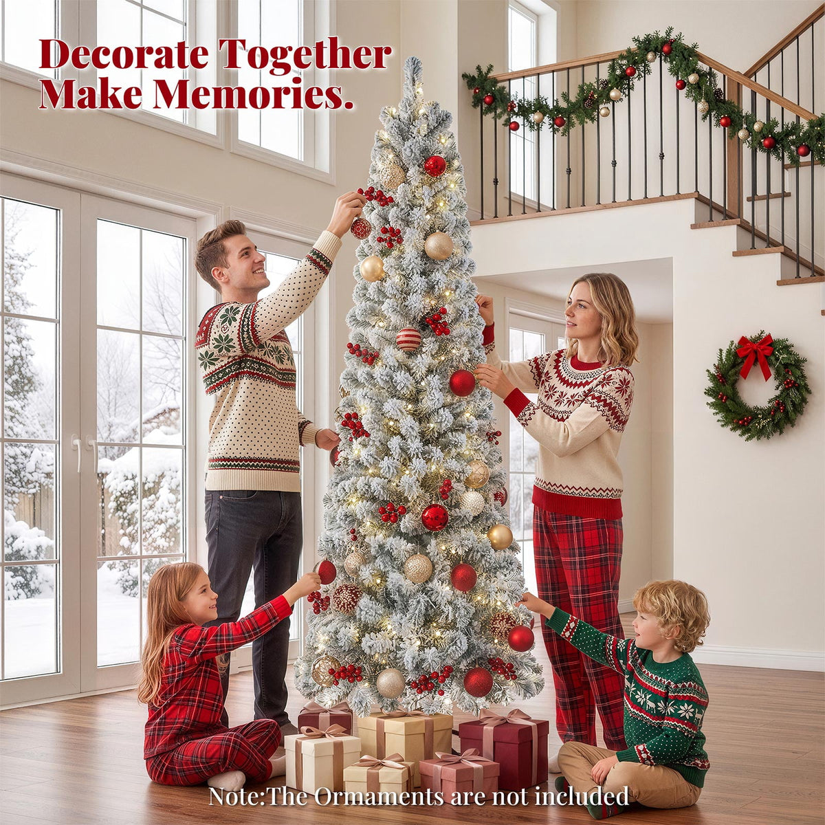Goosiay 6ft Snow Flocked Pencil Christmas Tree, Pre-Lit Artificial Christmas Tree with 500 Tips, 250 Warm White & Multicolor Lights, 10 Modes, Slim Xmas Tree with Stand