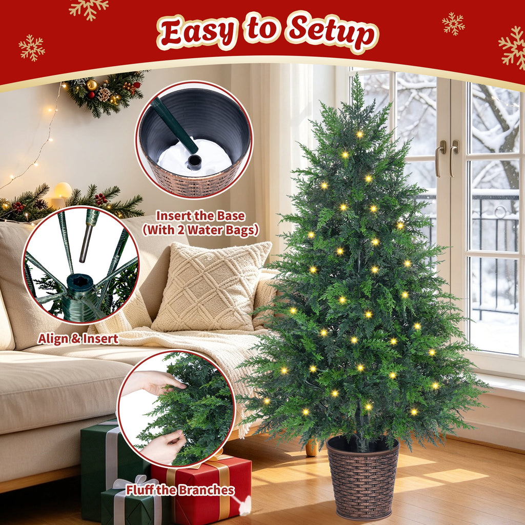 Firstness 4Ft Pre-Lit Potted Christmas Trees with 8 Lighting Modes, PE Cypress Artificial Tree for Porch Entryway Indoor Outdoor Decor
