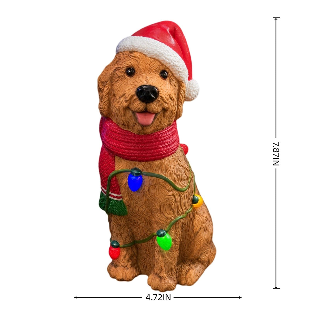 Luckky Lighted Christmas Dog Resin Statue, Santa Hat and Scarf Dog Figurine, 7.87 Inch, Multi-Color LED Lights, Indoor Outdoor Holiday Decor
