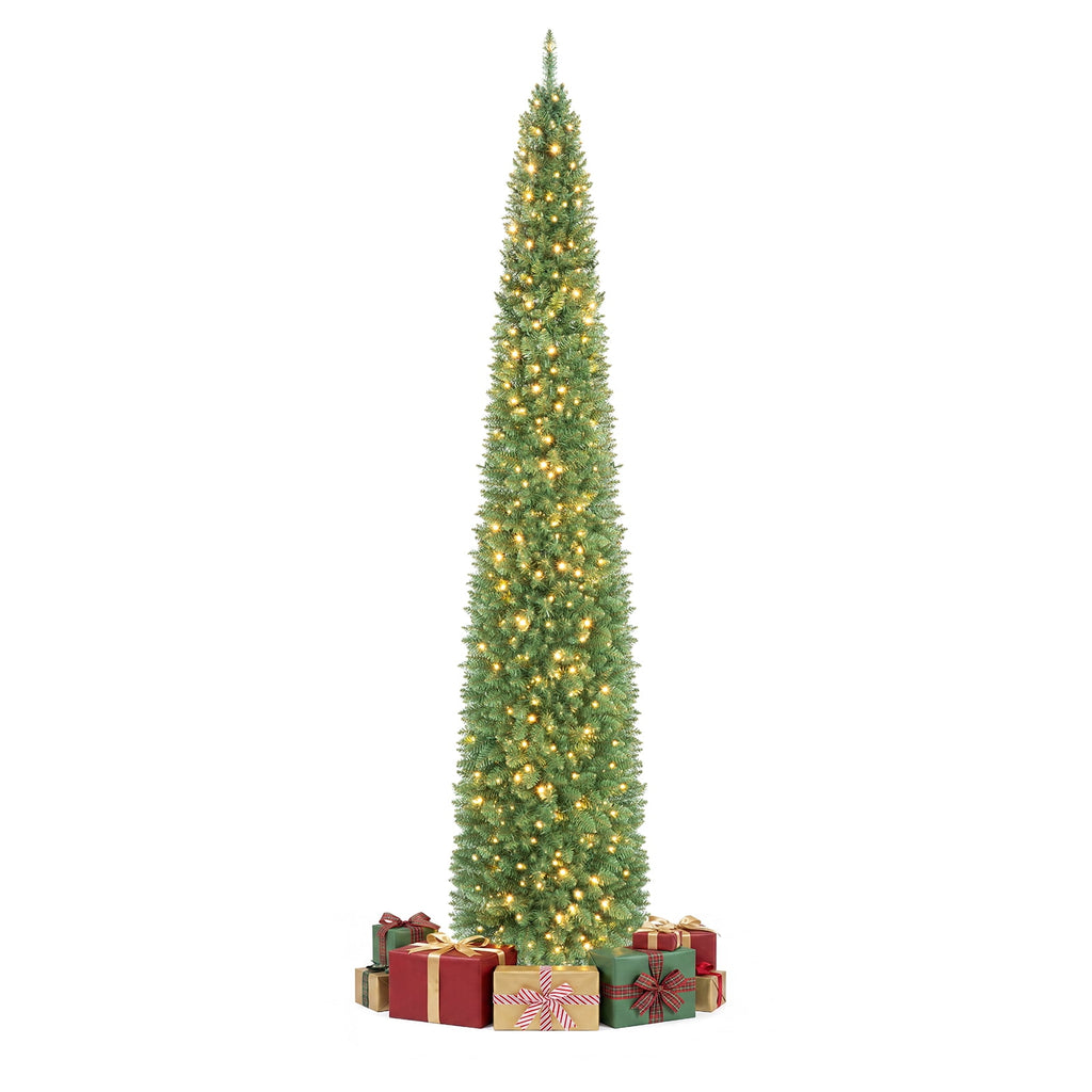 Gymax 9 FT Pre-Lit Artificial Christmas Tree Realistic Slim Pencil Xmas Tree