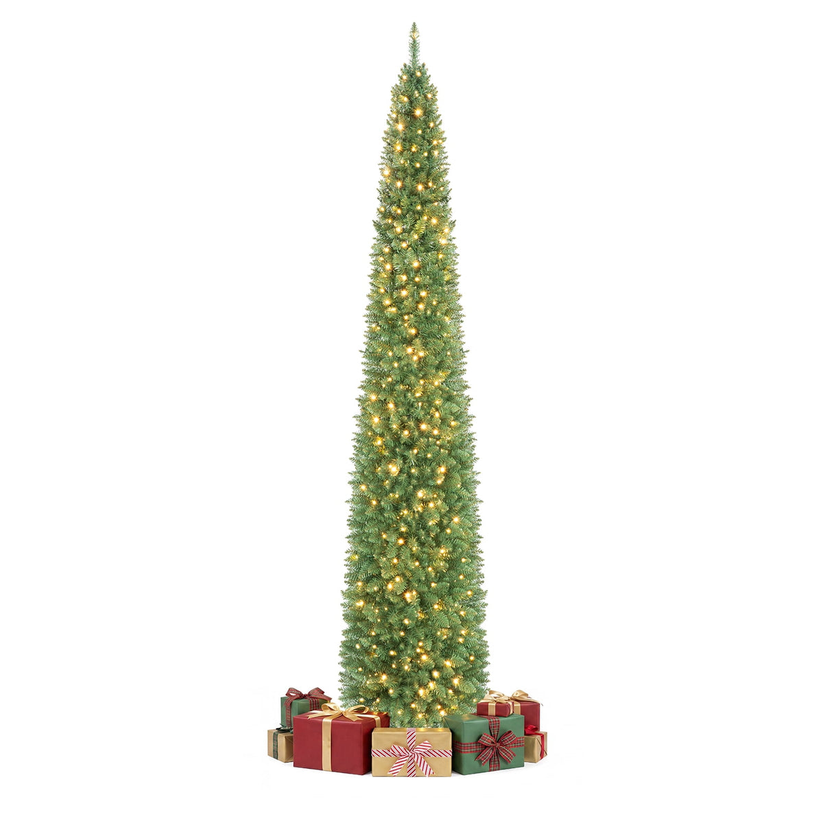 Gymax 9 FT Pre-Lit Artificial Christmas Tree Realistic Slim Pencil Xmas Tree