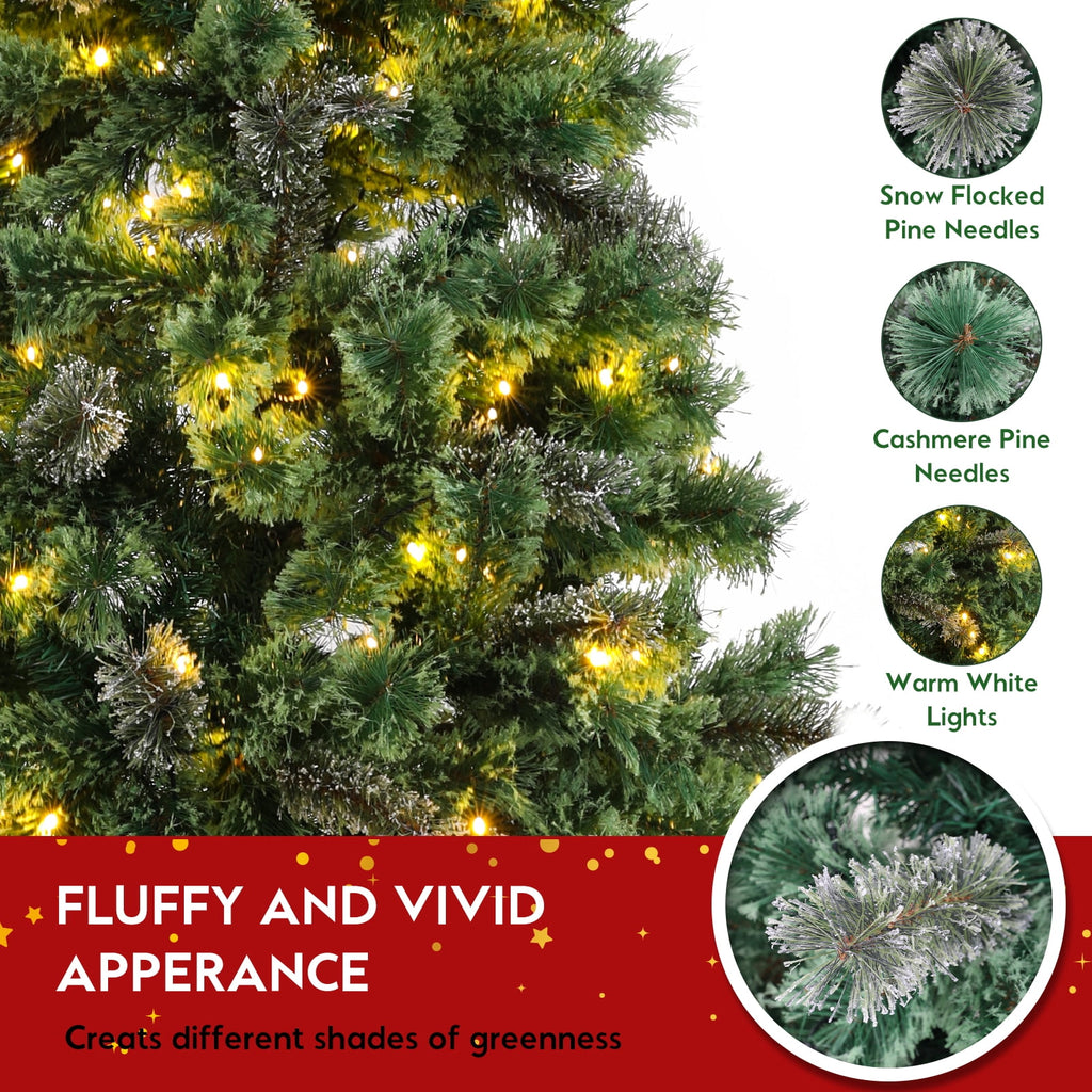 TLSUNNY 8ft Pre-lit Artificial Christmas Tree, W/ 1000 Branche Tips, 450 LED Warm Lights, Fluffy Snow Flocked Pine Tree, Metal Stand Hinged Xmas Tree for Party Holiday Decor