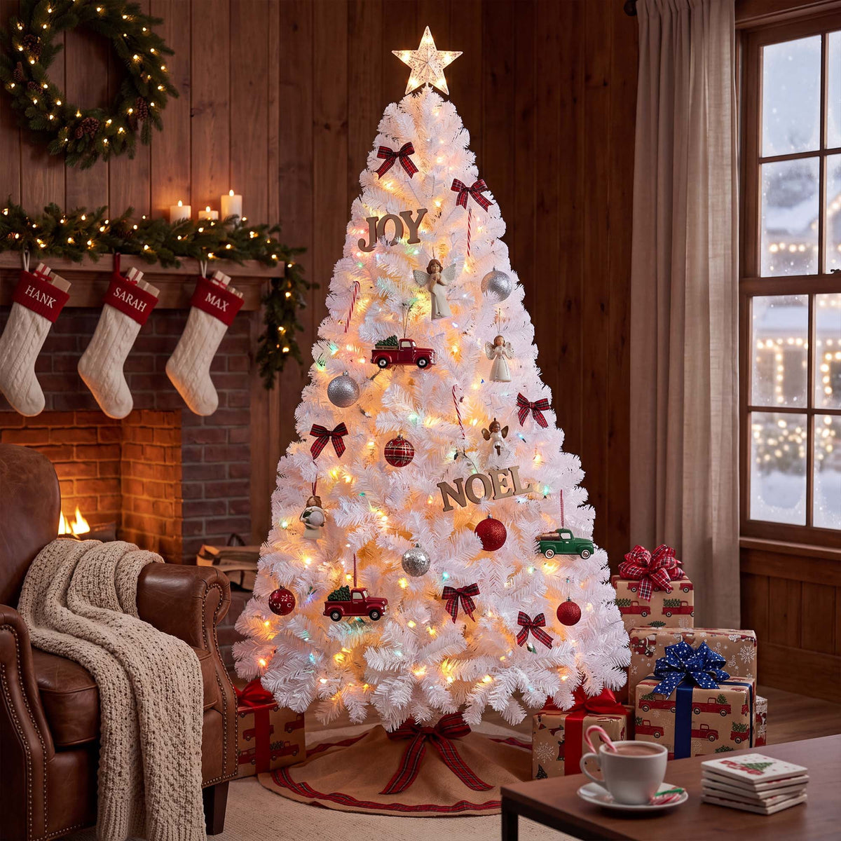 Yexmas Pre-Lit Artificial Christmas Tree,7.5ft White Christmas Tree with 450 Warm White & Multicolor Lights,Xmas Tree for Home, Holiday Party Decorations
