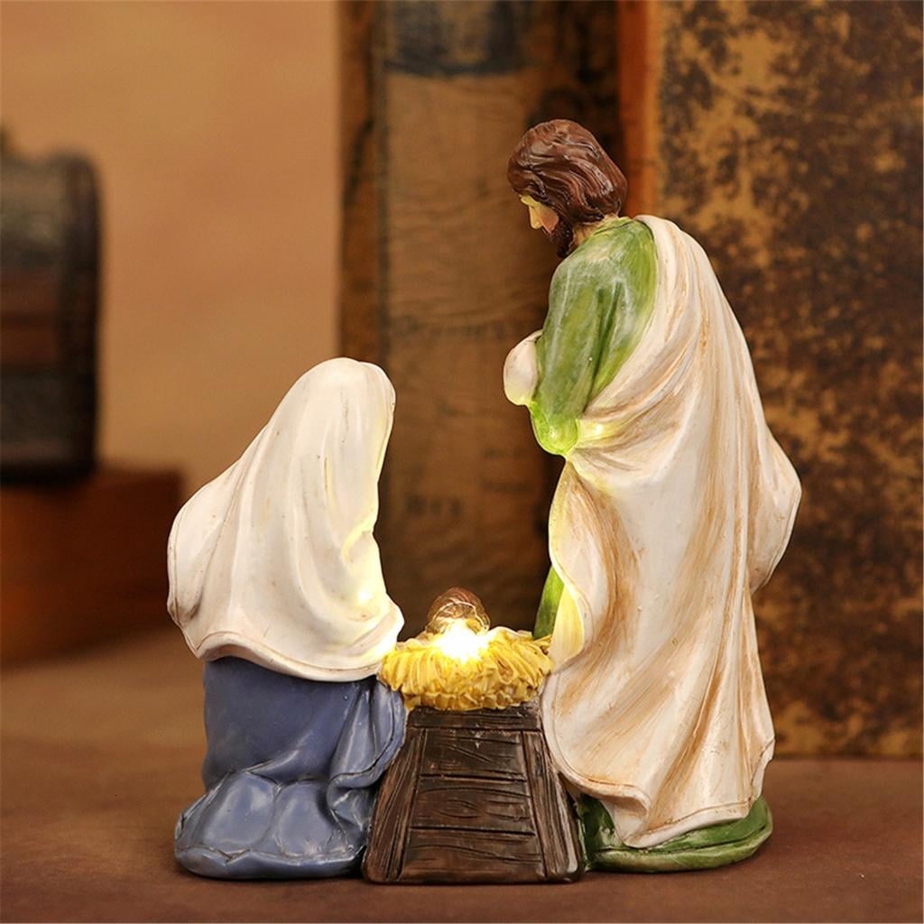 Osdhezcn Friendly Resin Nativity Set LED Light Holy Family Three Persons Christmas Decoration for Indoor Festival Ambiances