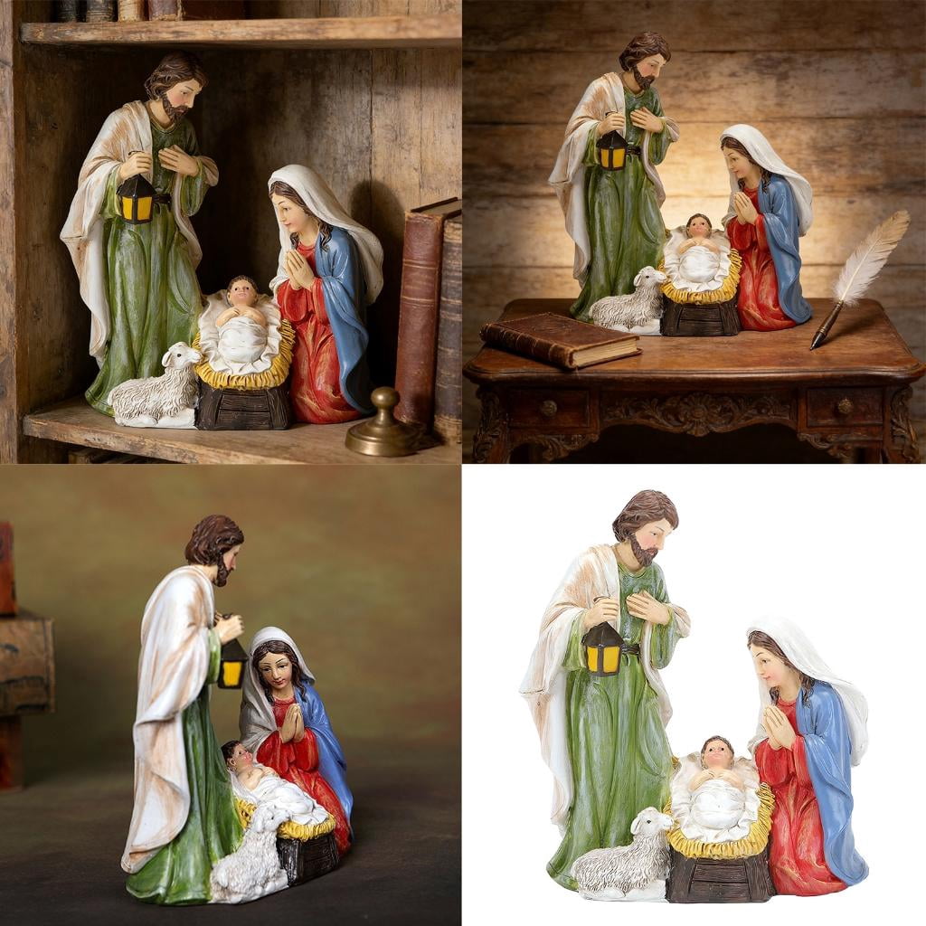 Osdhezcn Friendly Resin Nativity Set LED Light Holy Family Three Persons Christmas Decoration for Indoor Festival Ambiances