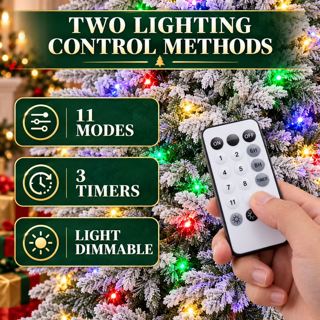 Vebreda 6ft Pre-Lit Flocked Artificial Aspen Noble Fir Christmas Tree with 1,350 Branch Tips & 300 LED Lights, Hinged Artificial Holiday Tree with Metal Stand