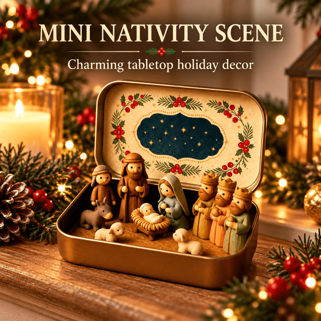 Christmas Nativity Scene in a Tin Mini Manger Scene Portable Tin Box Tabletop Decor for Mantel Shelf Fireplace Desk Holiday Decoration