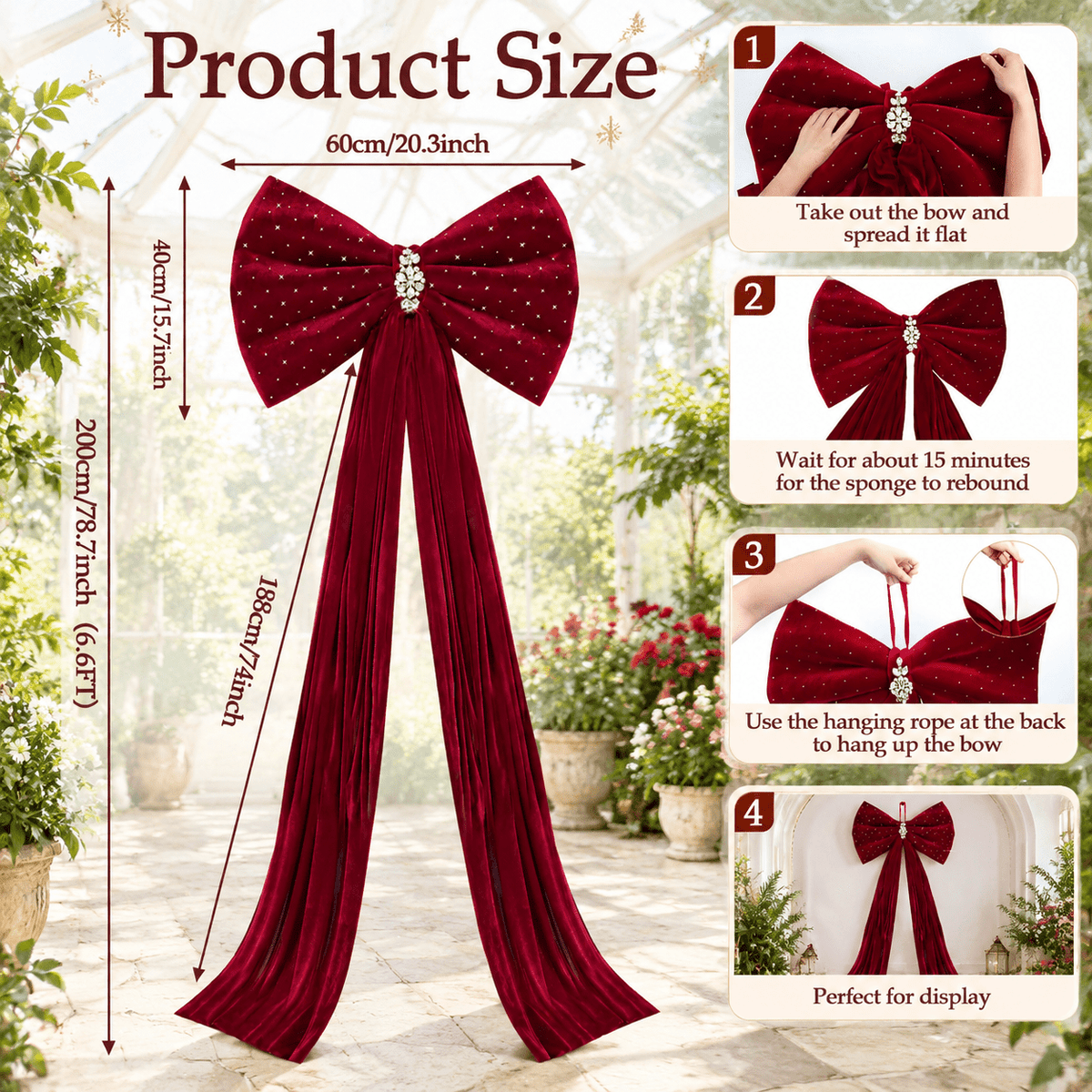 79x20 Inch Oversized Christmas Tree Topper Bow Burgundy Rhinestone Decor