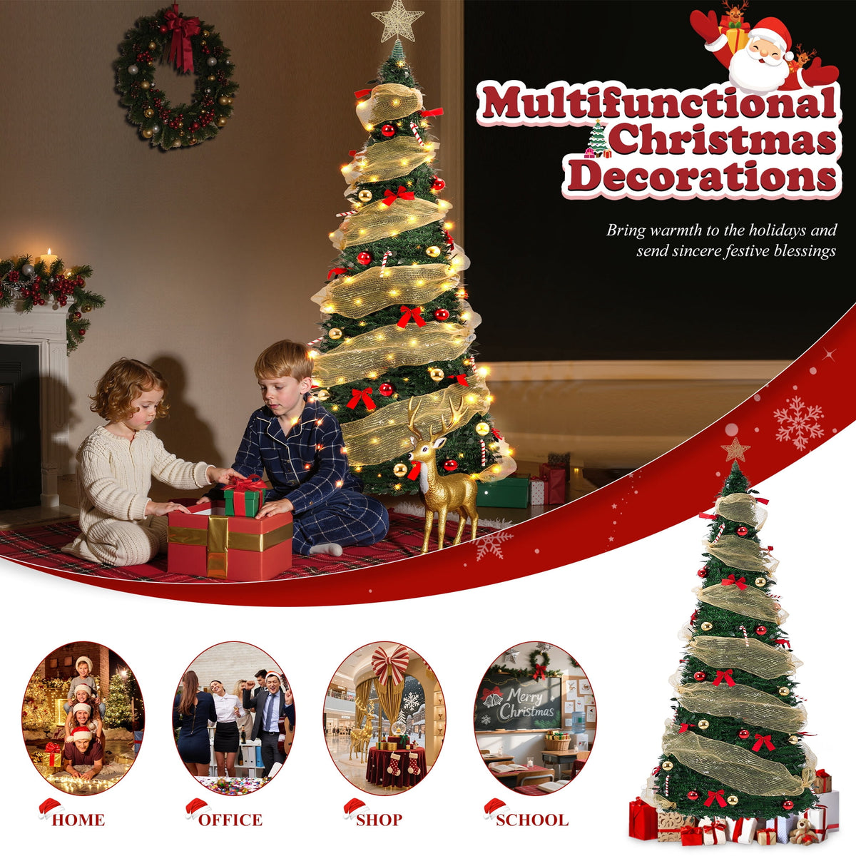 Yexmas 7.5FT Pop-Up Artificial Christmas Tree with 300LED Lights,Green Prelit Christmas Tree with Foldable Base
