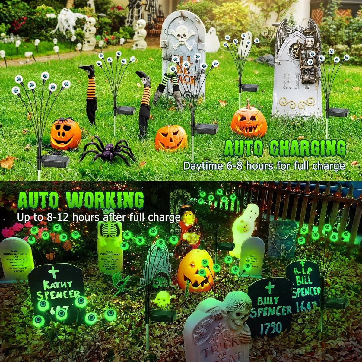 Morfone Halloween Decorations Outdoor, 2 Pack 12 LEDs Solar Scary Eyeball Lights, Waterproof Eyeball Swaying Firefly Lights, Halloween Path Lights for Garden Yard Party, Purple