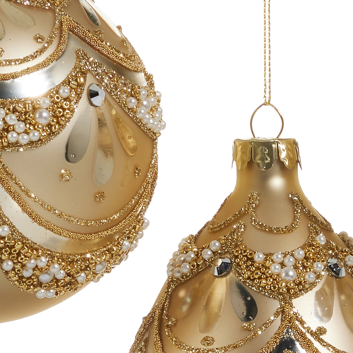 RAZ Imports 4" Golden Pearl Trimmed Glass Christmas Ornaments - Set of 3
