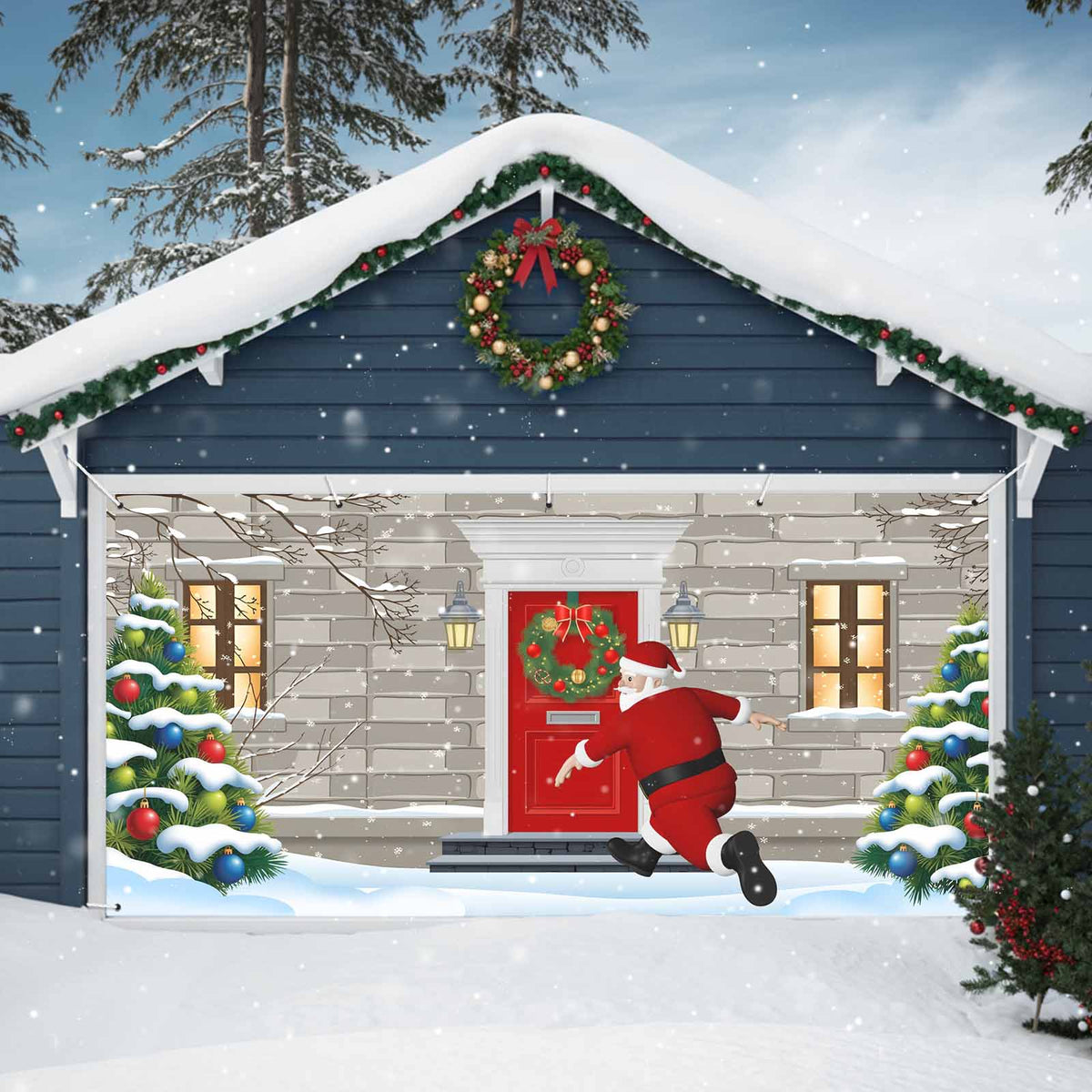 Fsddascl 7 x 16 Ft Christmas Garage Door Cover, Black Christmas Tree Large Garage Door Banner, Xmas Snowflake Green Golden Hanging Garage Mural Background for Indoor Outdoor Xmas Party Supplies