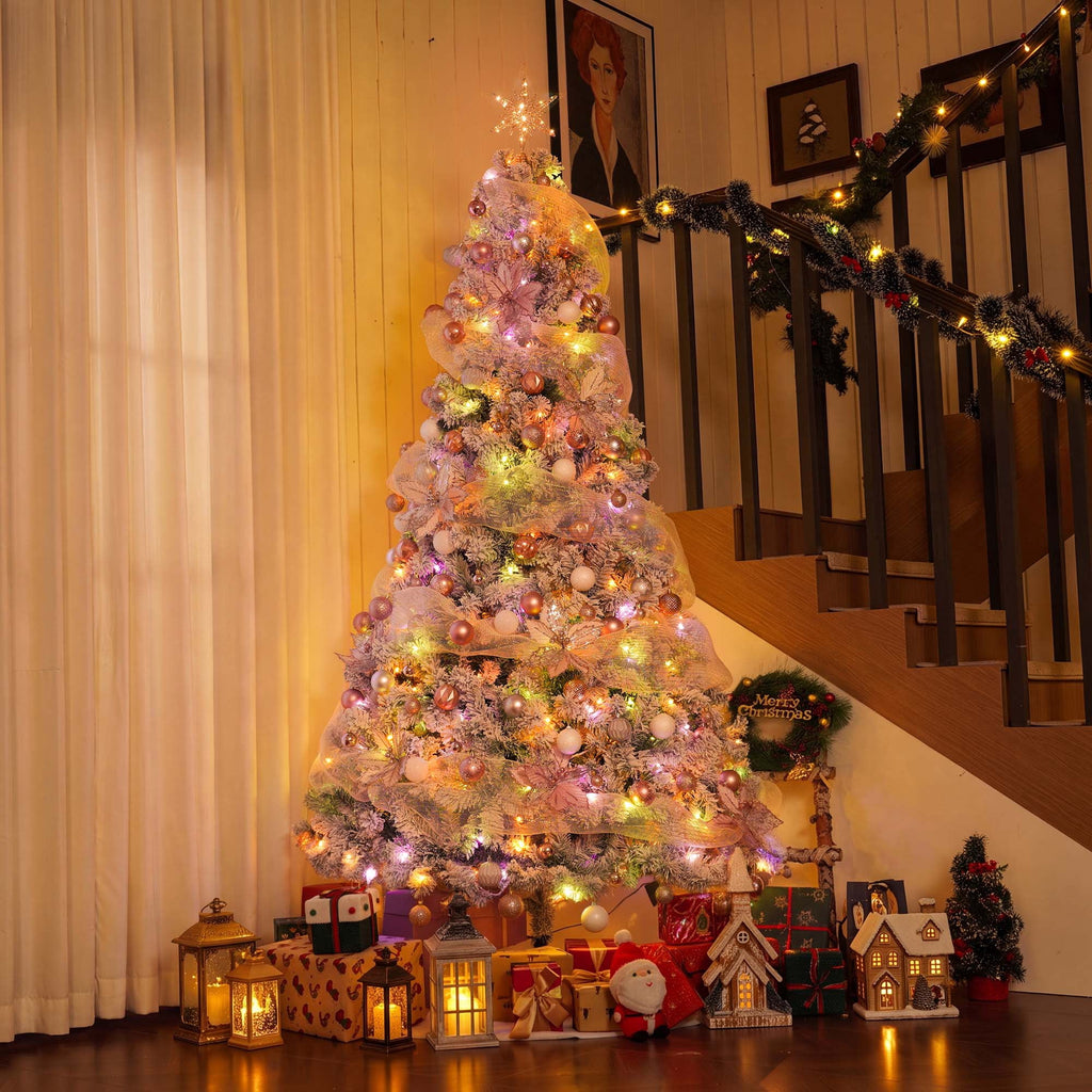 Yexmas 6FT Pre-Lit Snow Flocked Christmas Tree,Artificial White Christmas Tree with Large Christmas Tree Storage Bag,11 Modes Warm White & Multicolor LED Lights for Xmas Decoration