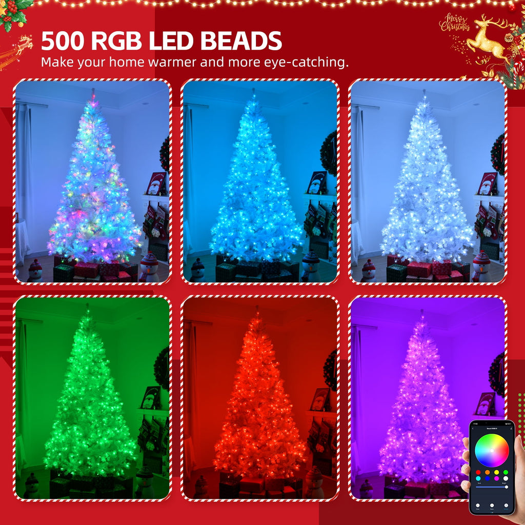 Ktaxon 8 FT Pre-lit Christmas Tree, Xmas Tree Hinged Branches with 500 RGB Lights and 1500 Branch Tips APP Controlled, for Holiday Party Store Office Home, White