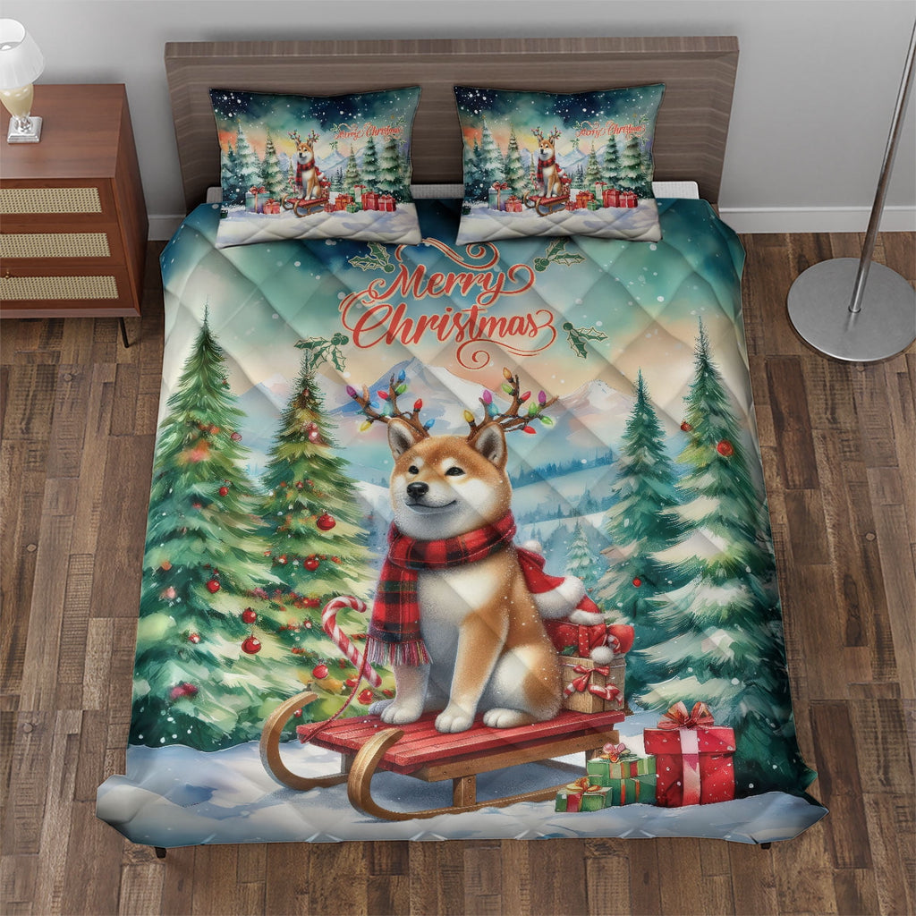 Merry Christmas Santa Reindeer Antlers French Bulldog Sleigh Xmas Winter Holiday Quilt Bedding Set Dog Lover Gifts 1 Blanket Bed Cover 2 Pillowcases - 00023
