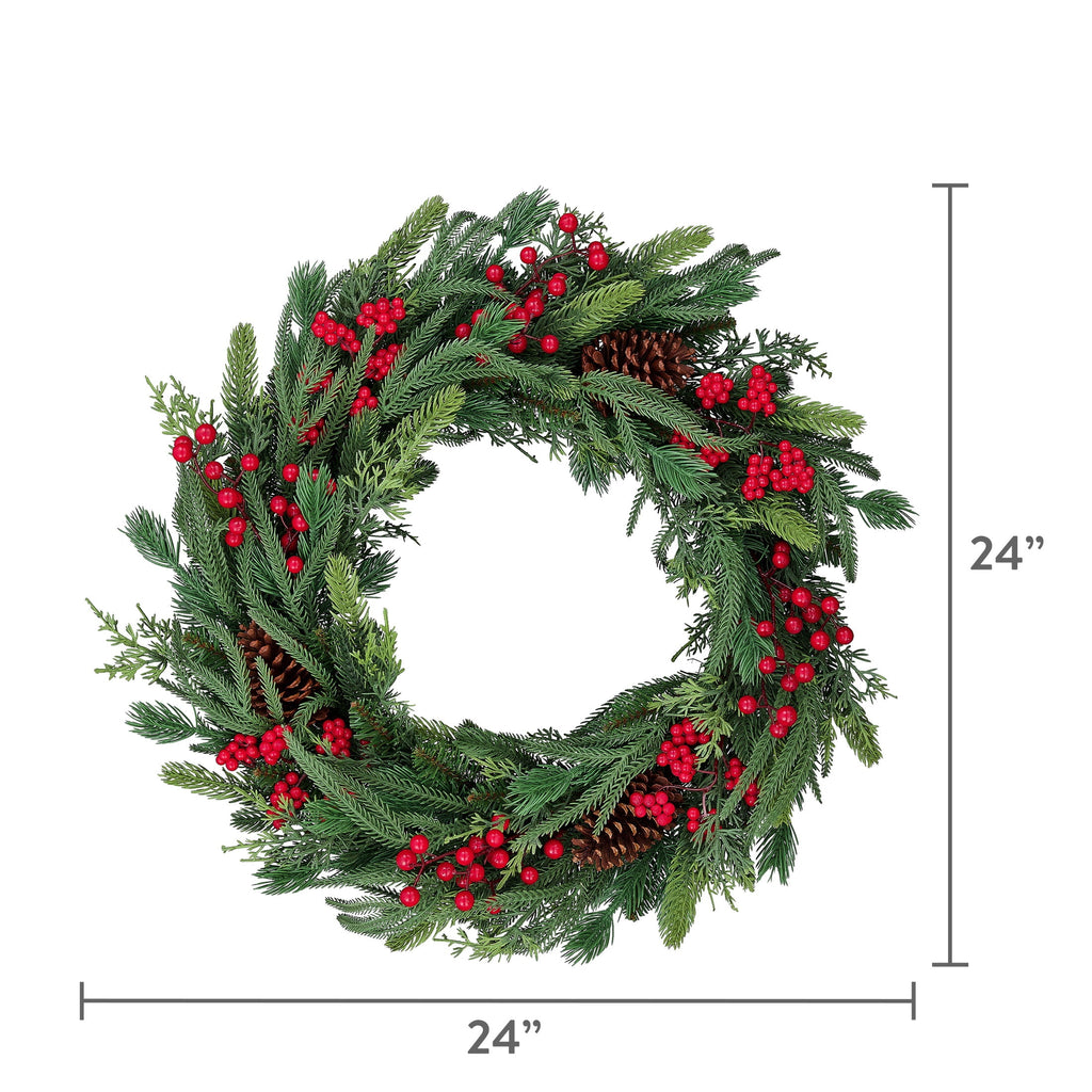 Natural Feel Fairfield Artificial Christmas Wreath with Berries and Pinecones, Green and Red, 24", by Holiday Time