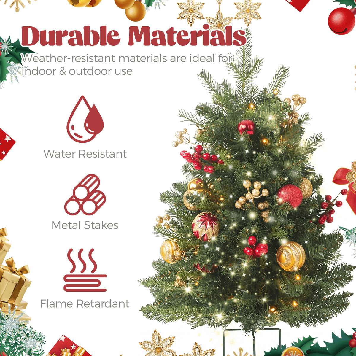 2 Pack 30 inch Prelit Outdoor Christmas Tree, Small Pre-Decorated Green Xmas Tree with Cones & Red Berries, 30 Warm Lights, Urn Filler Holiday Decor for Entrance Driveway, Yard, Garden