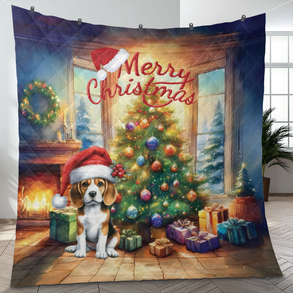 Merry Christmas French Bulldog Santa Hat Xmas Tree Winter Holiday Quilt Bedding Set Dog Lover Gifts 1 Blanket Bed Cover 2 Pillowcases - 01013
