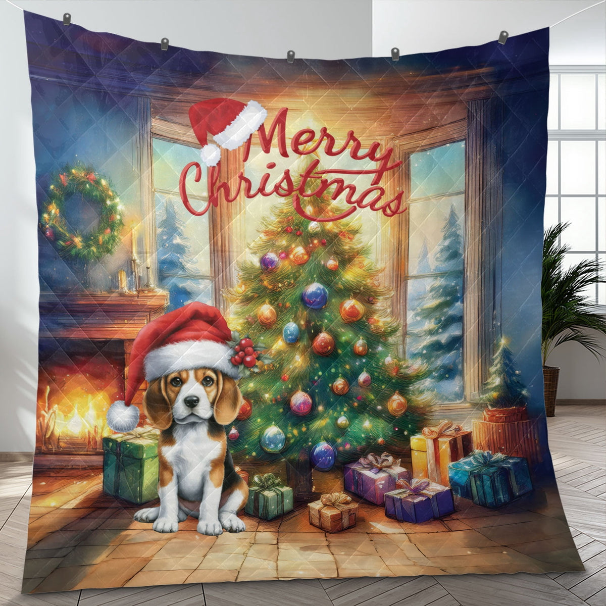 Merry Christmas French Bulldog Santa Hat Xmas Tree Winter Holiday Quilt Bedding Set Dog Lover Gifts 1 Blanket Bed Cover 2 Pillowcases - 01013