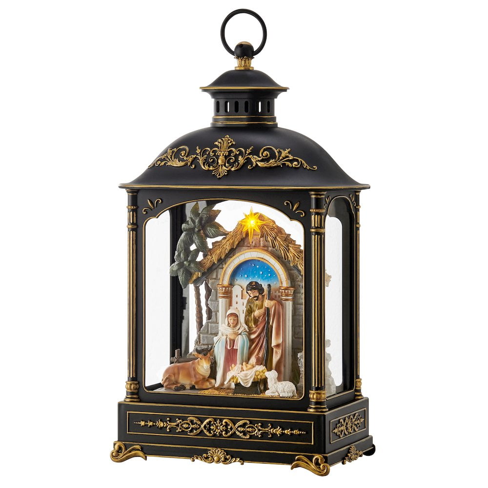 Danya B. Tabletop Antique Black and Gold Ornate Christmas Nativity Scene Diorama Lighted Lantern Decoration