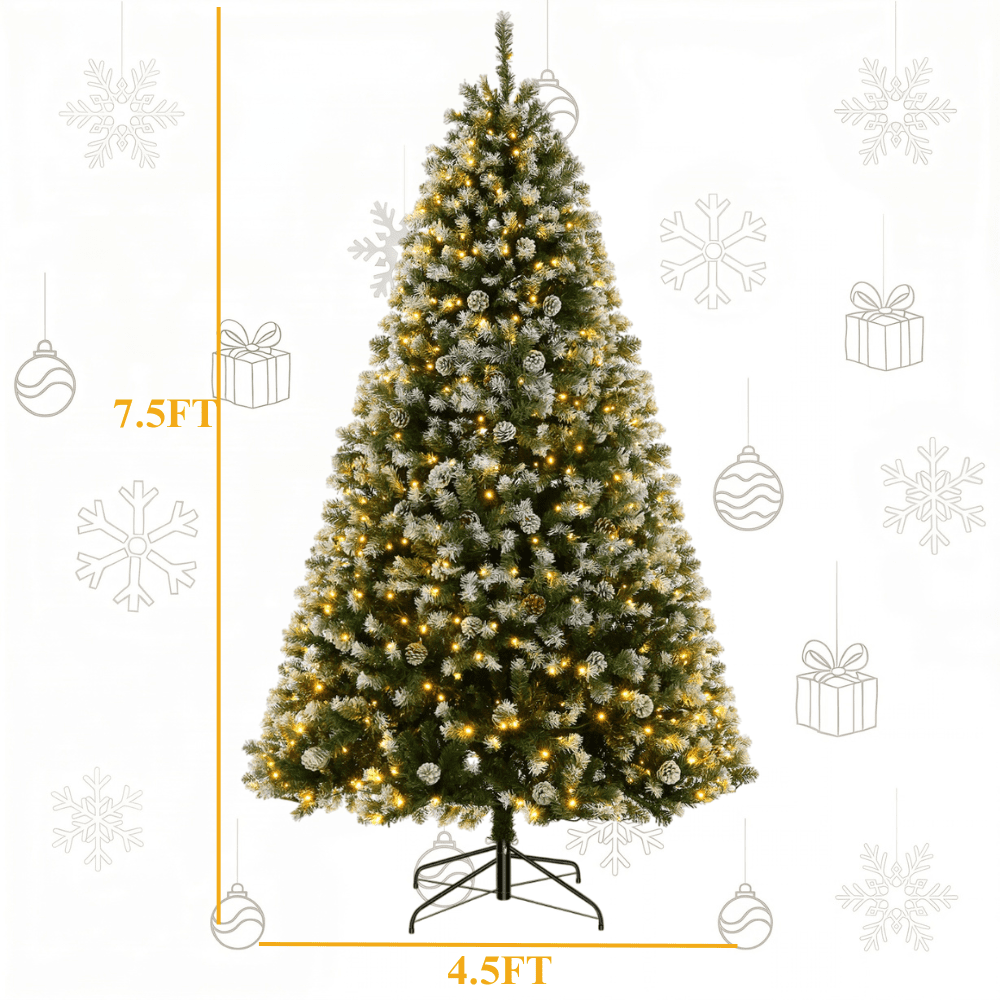 Legooin 6FT Pre-lit Christmas Tree Flocked Artificial Xmas Tree with 800 Branch Tips, 300 LED Lights, 51 Pinecones, for Christmas Holiday Decor, Green