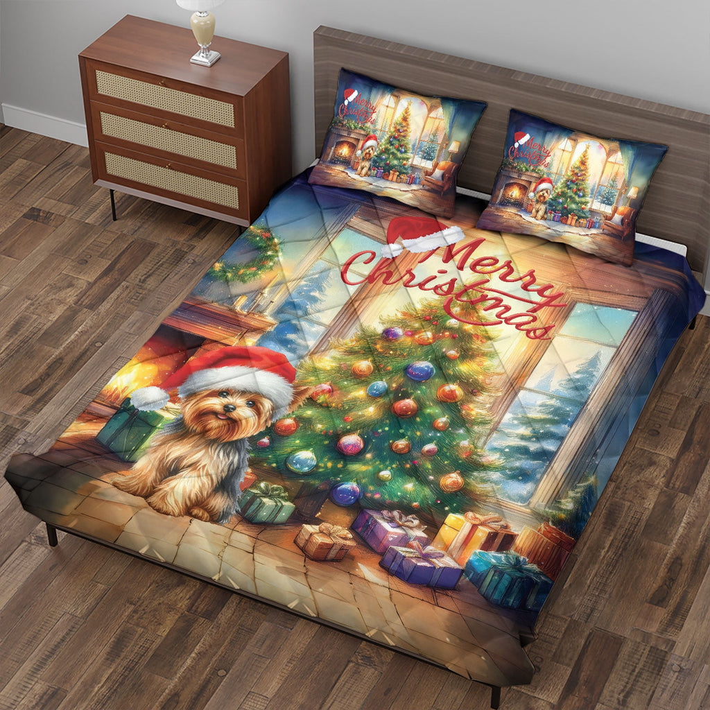 Merry Christmas French Bulldog Santa Hat Xmas Tree Winter Holiday Quilt Bedding Set Dog Lover Gifts 1 Blanket Bed Cover 2 Pillowcases - 01013